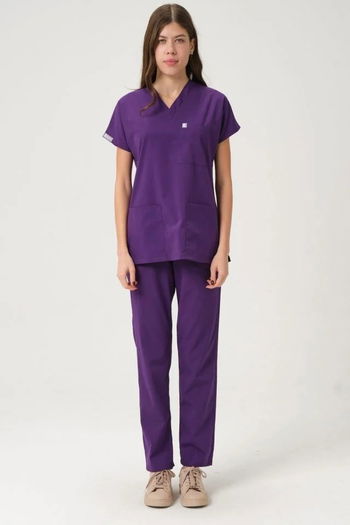 Mor Likralı Scrubs Doktor Hemşire Forması Yarasa Kol Takım Unisex