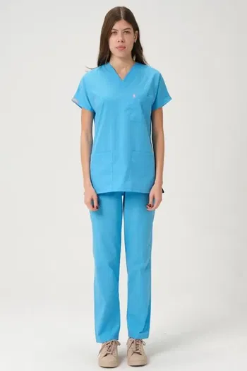 Bebe Mavi Likralı Scrubs Doktor Hemşire Forması Yarasa Kol Takım Unisex