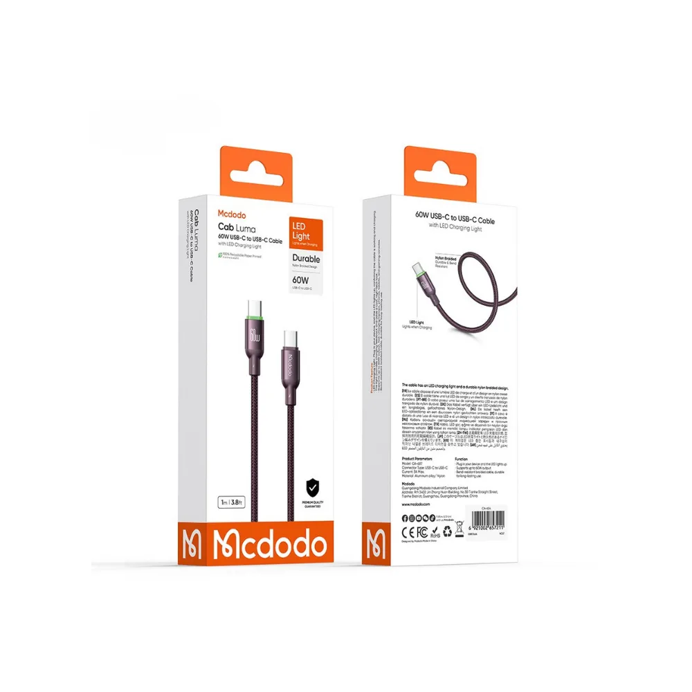 Mcdodo CA-6874 Cab Luma 60W 3A Type-C To Type-C LED Işık Göstergeli Hızlı Şarj Kablosu 1 Metre - Bordo - Görsel 5