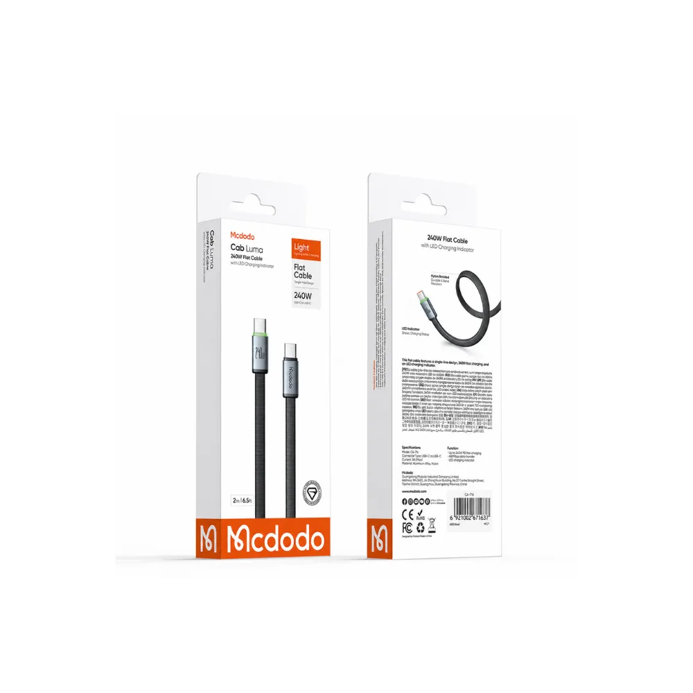 Mcdodo CA-7163 Cab Luma 240W Type-C To Type-C LED Işık Göstergeli Örgülü Hızlı Şarj ve Data Kablosu 2 Metre - Siyah - Görsel 10