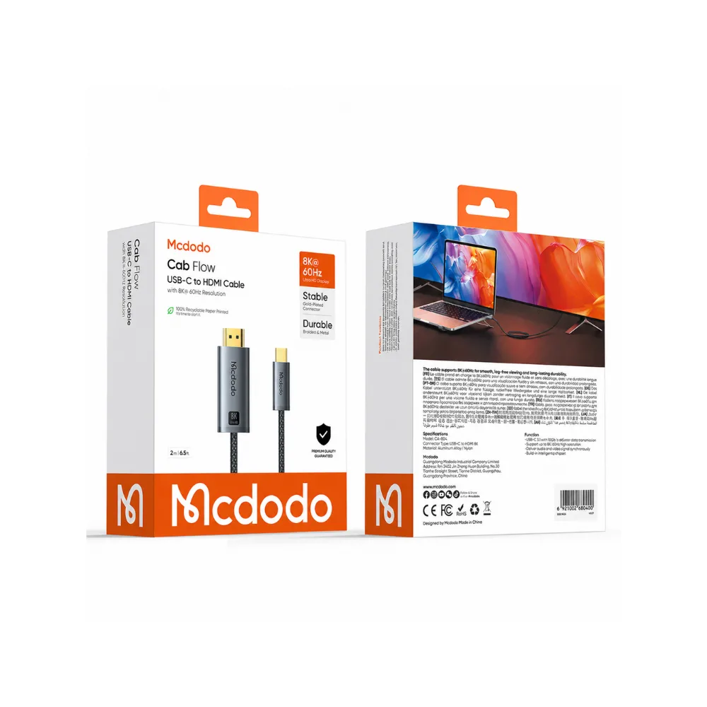 Mcdodo CA-8040 Cab Flow 8K 60Hz USB-C To HDMI Görüntü ve Ses Aktarım Kablosu 2 Metre - Uzay Grisi - Görsel 9