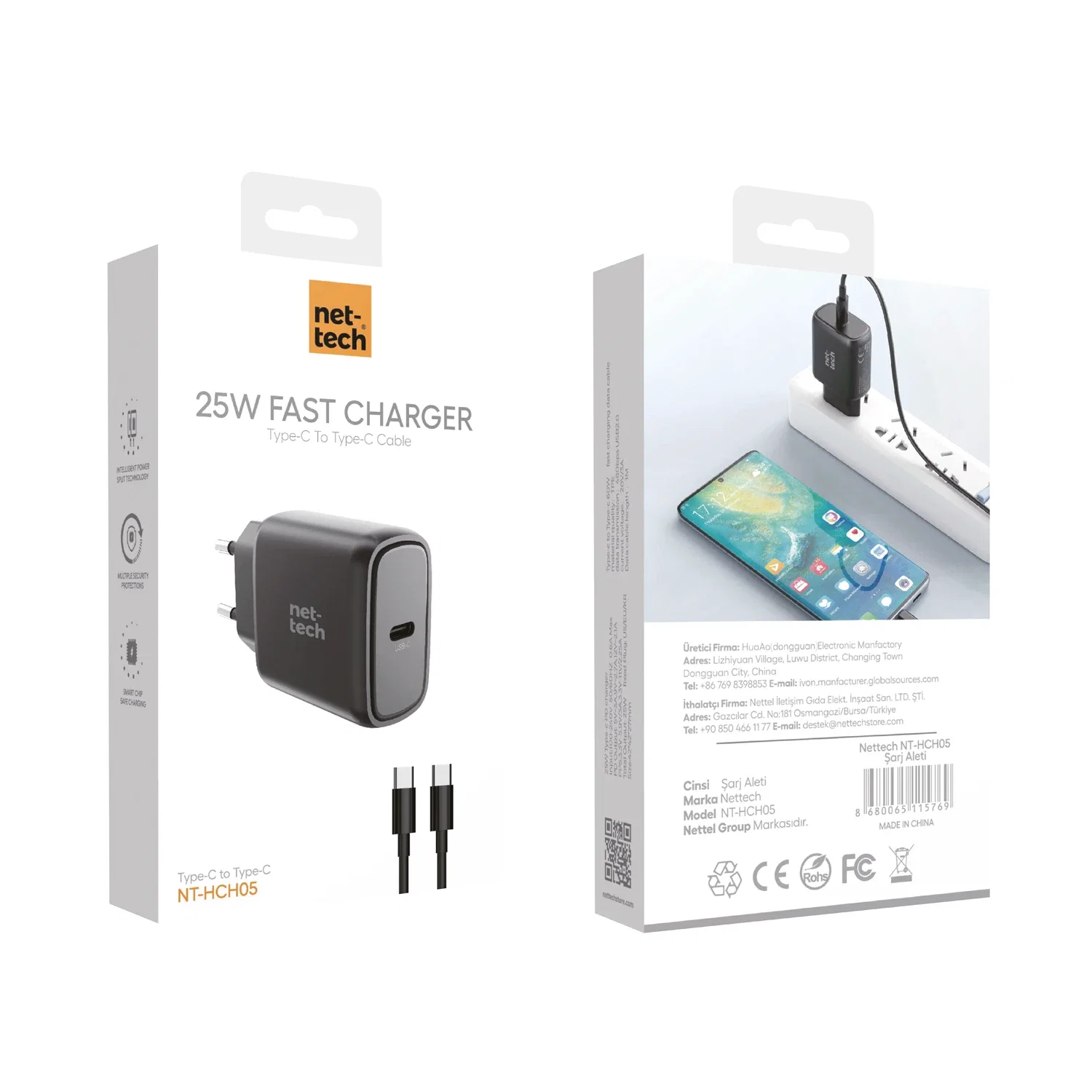 NETTECH NT-HCH05 PD 25W TYPE-C TO TYPE-C ŞARJ ALETİ (SİYAH) - Görsel 1