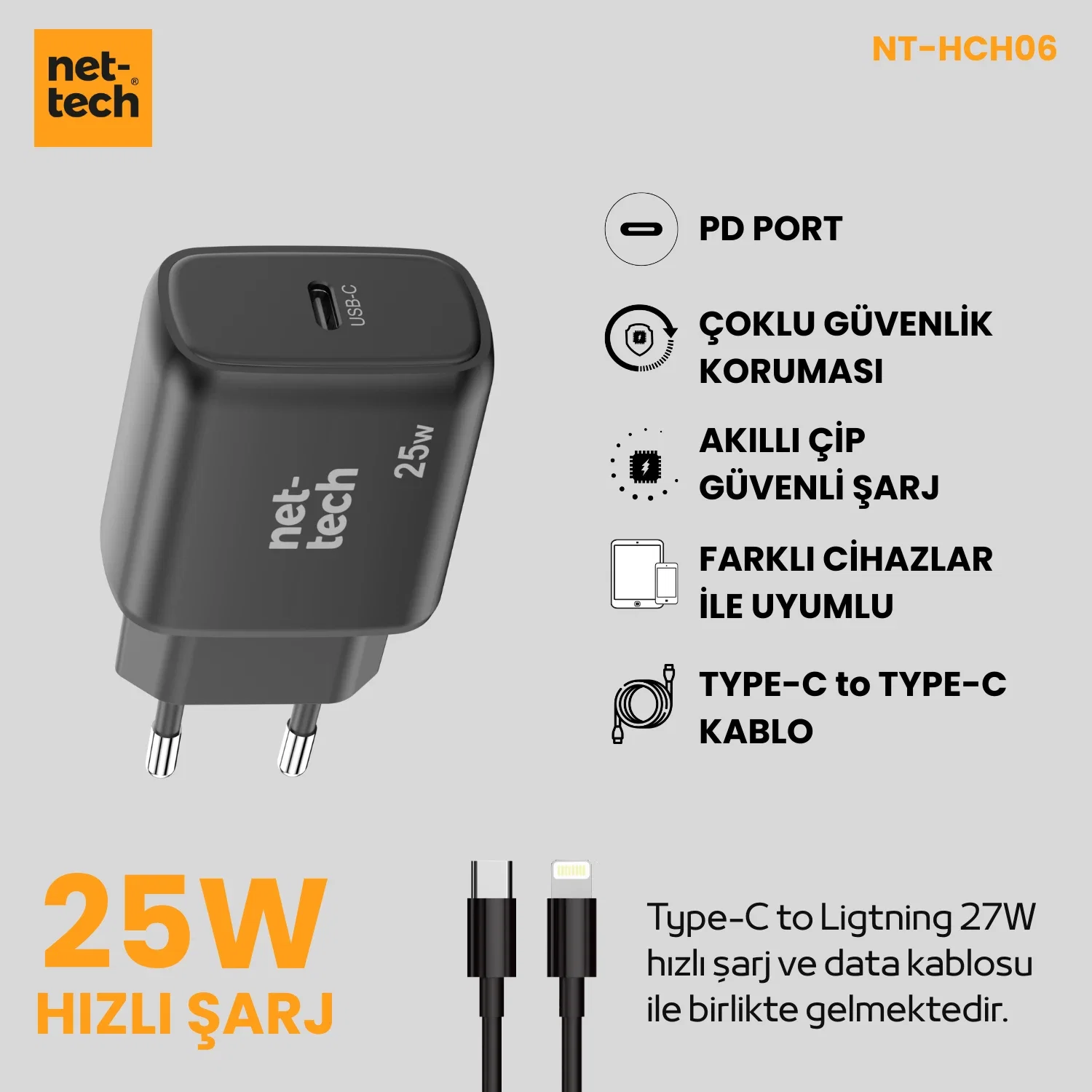 NETTECH NT-HCH06 PD 25W TYPE-C+LİGHTNİNG KABLO + ŞARJ ALETİ (SİYAH) - Görsel 2
