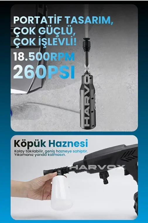 HX-3000 YÜKSEK BASINÇLI ARAÇ YIKAMA MAKİNESİ 260PSI 18.500RPM 4000MAH ÇİFT BATARYA YIKAMA TABANCASI - Görsel 6