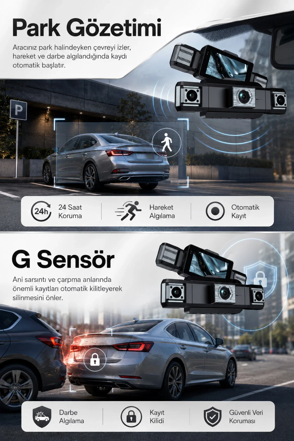 Araç İçi Hd Kamera 4 Kameralı Wifi Özellikli 1080P Full Hd Gece Görüşlü G-Sensör Dashcam - Görsel 4