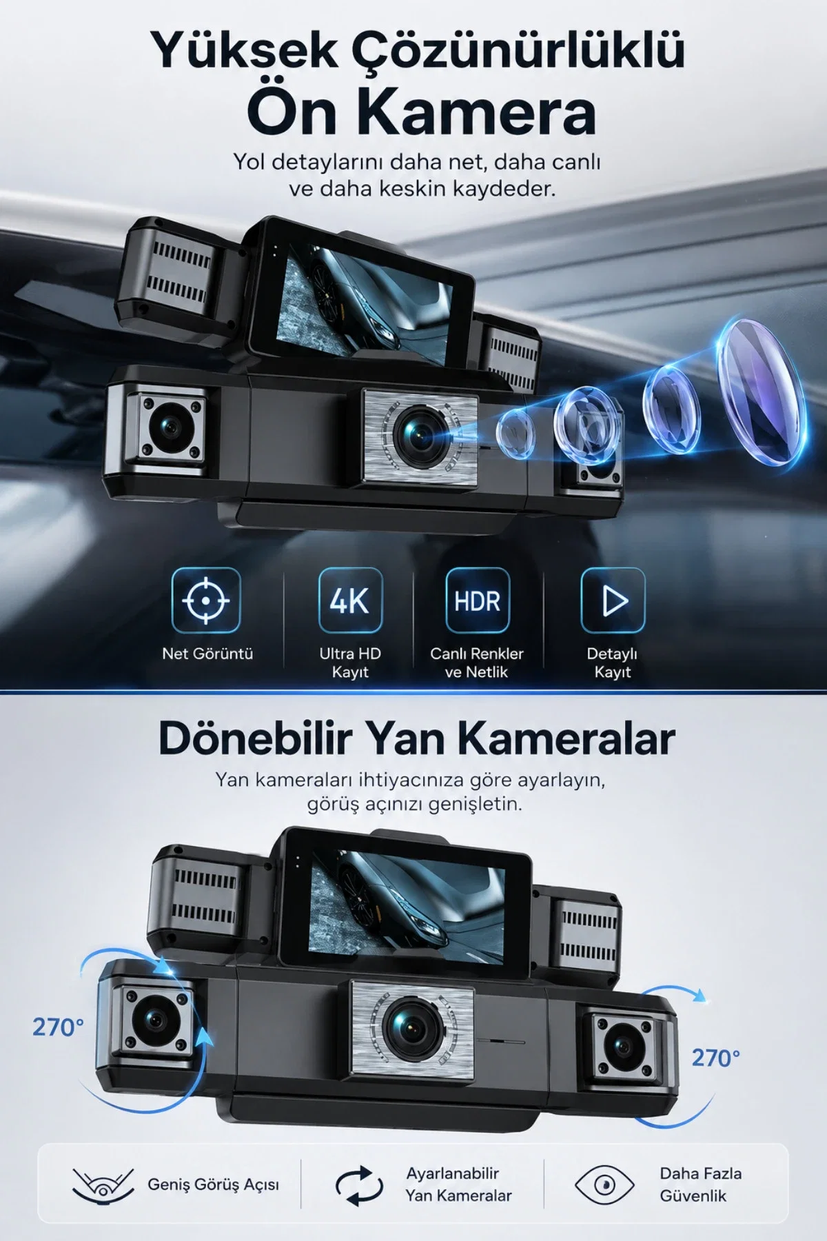 Araç İçi Hd Kamera 4 Kameralı Wifi Özellikli 1080P Full Hd Gece Görüşlü G-Sensör Dashcam - Görsel 5