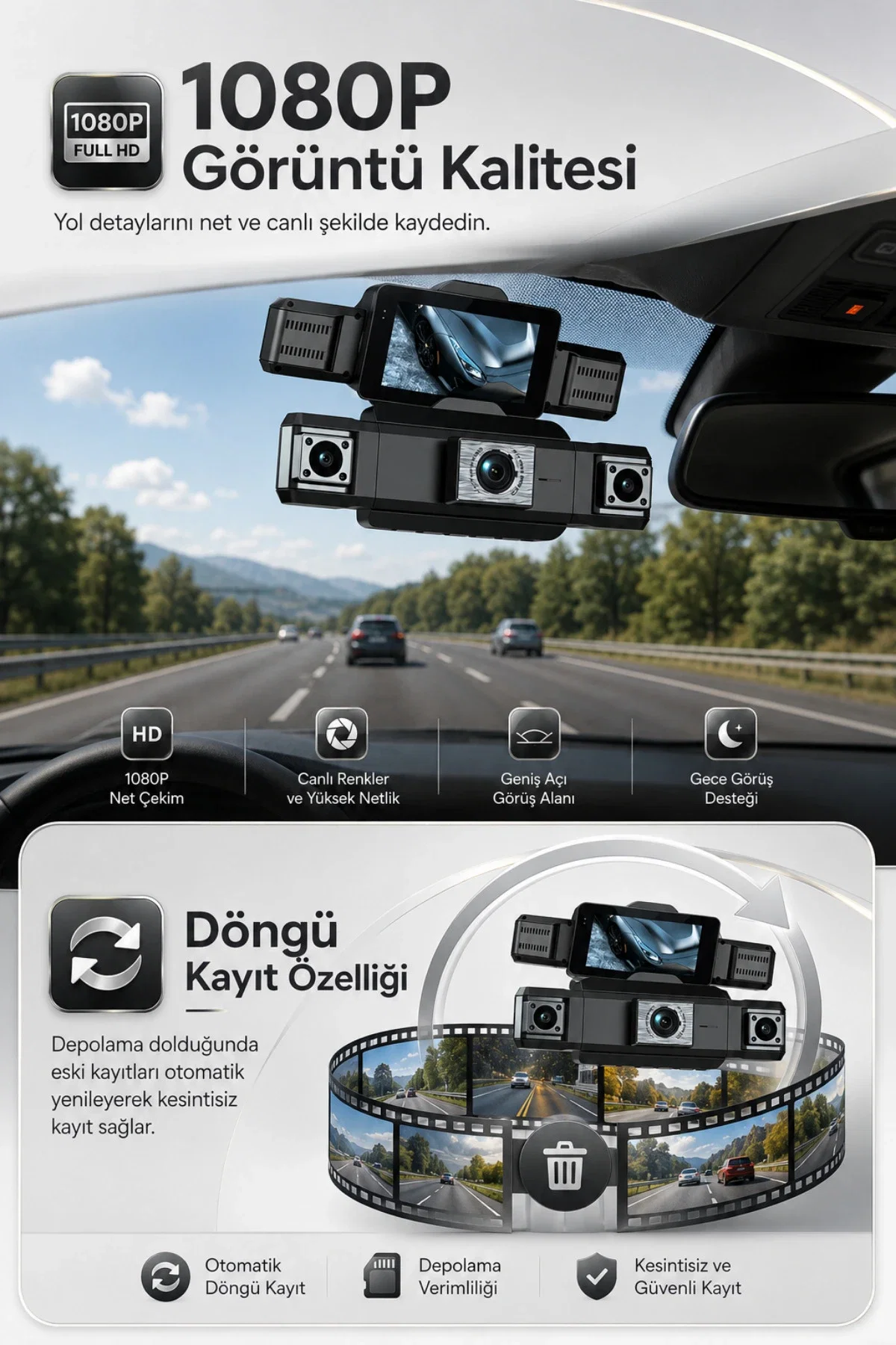 Araç İçi Hd Kamera 4 Kameralı Wifi Özellikli 1080P Full Hd Gece Görüşlü G-Sensör Dashcam - Görsel 2