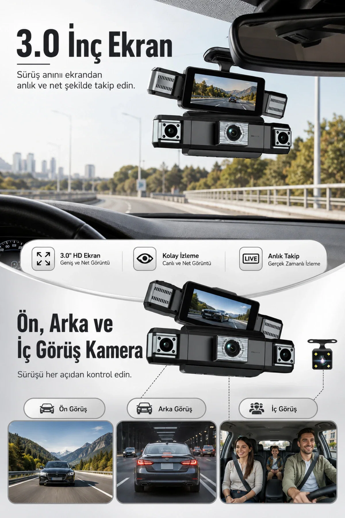 Araç İçi Hd Kamera 4 Kameralı Wifi Özellikli 1080P Full Hd Gece Görüşlü G-Sensör Dashcam - Görsel 3