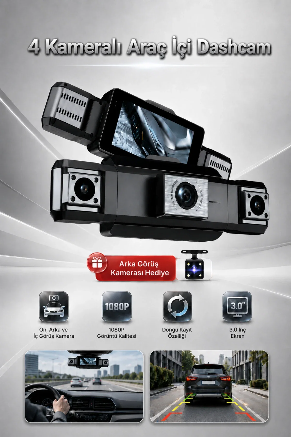 Araç İçi Hd Kamera 4 Kameralı Wifi Özellikli 1080P Full Hd Gece Görüşlü G-Sensör Dashcam - Görsel 1
