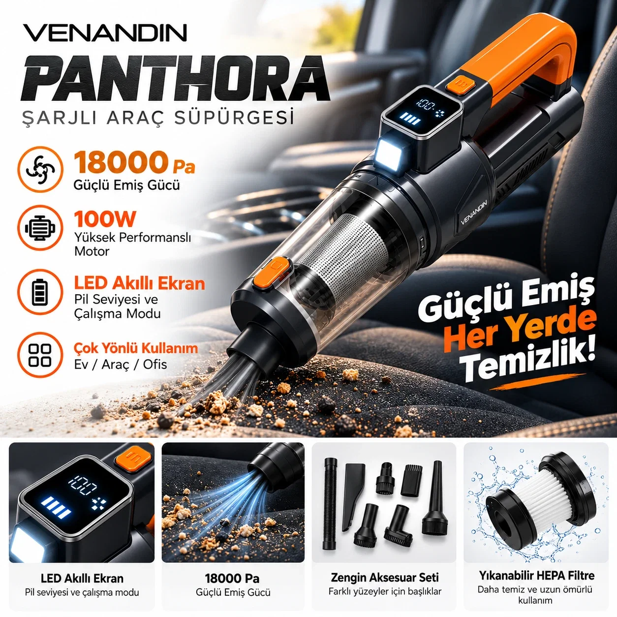 Panthora 18000 Pa 100W Şarjlı Kablosuz Araç Süpürgesi Güçlü Çekim LED Ekranlı Oto El Süpürgesi - Görsel 1