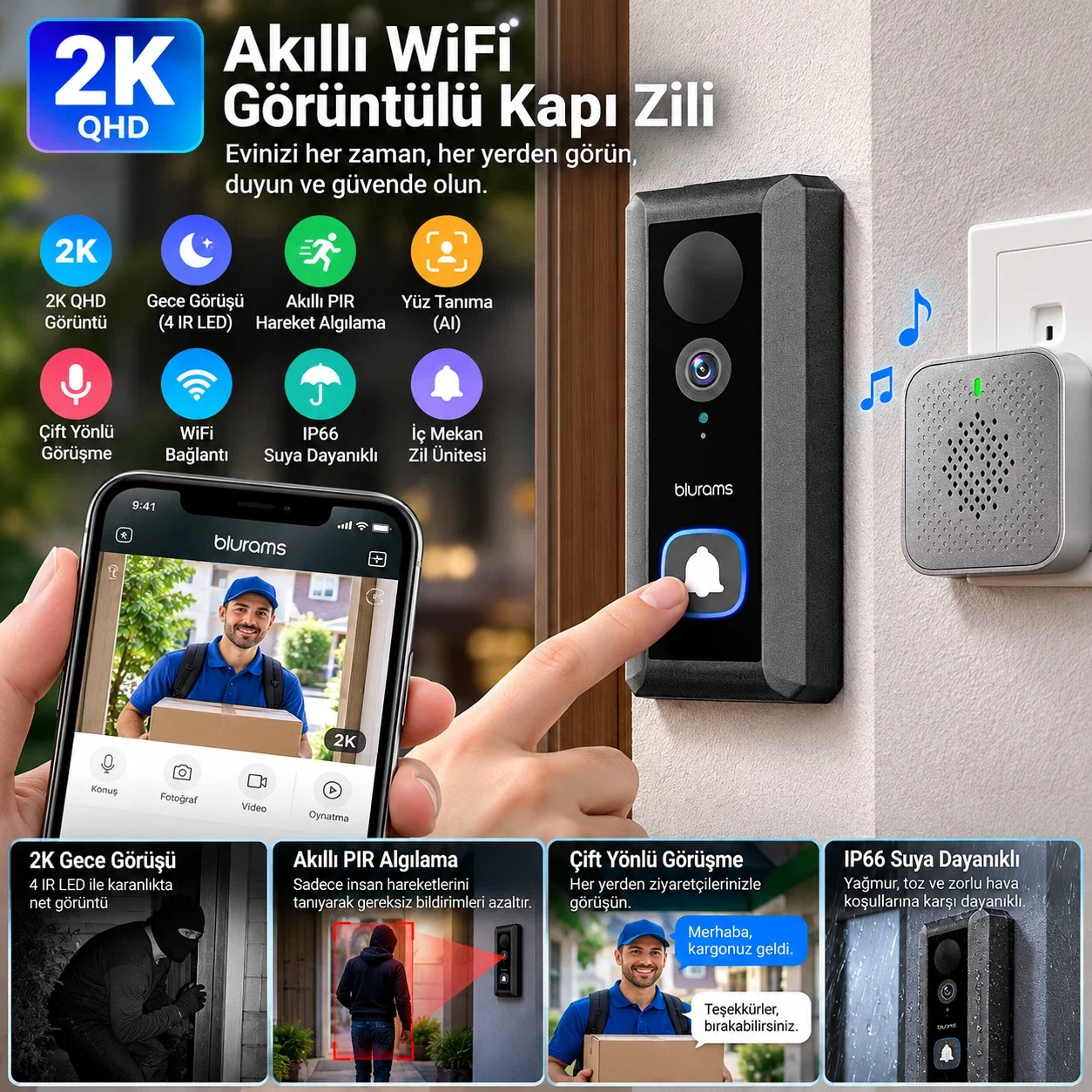 Blurams 2K QHD Akıllı WiFi Kameralı Kapı Zili – Gece Görüşlü, PIR Hareket Sensörlü, Çift Yönlü Sesli, İç Mekan Zil Üniteli - Görsel 1