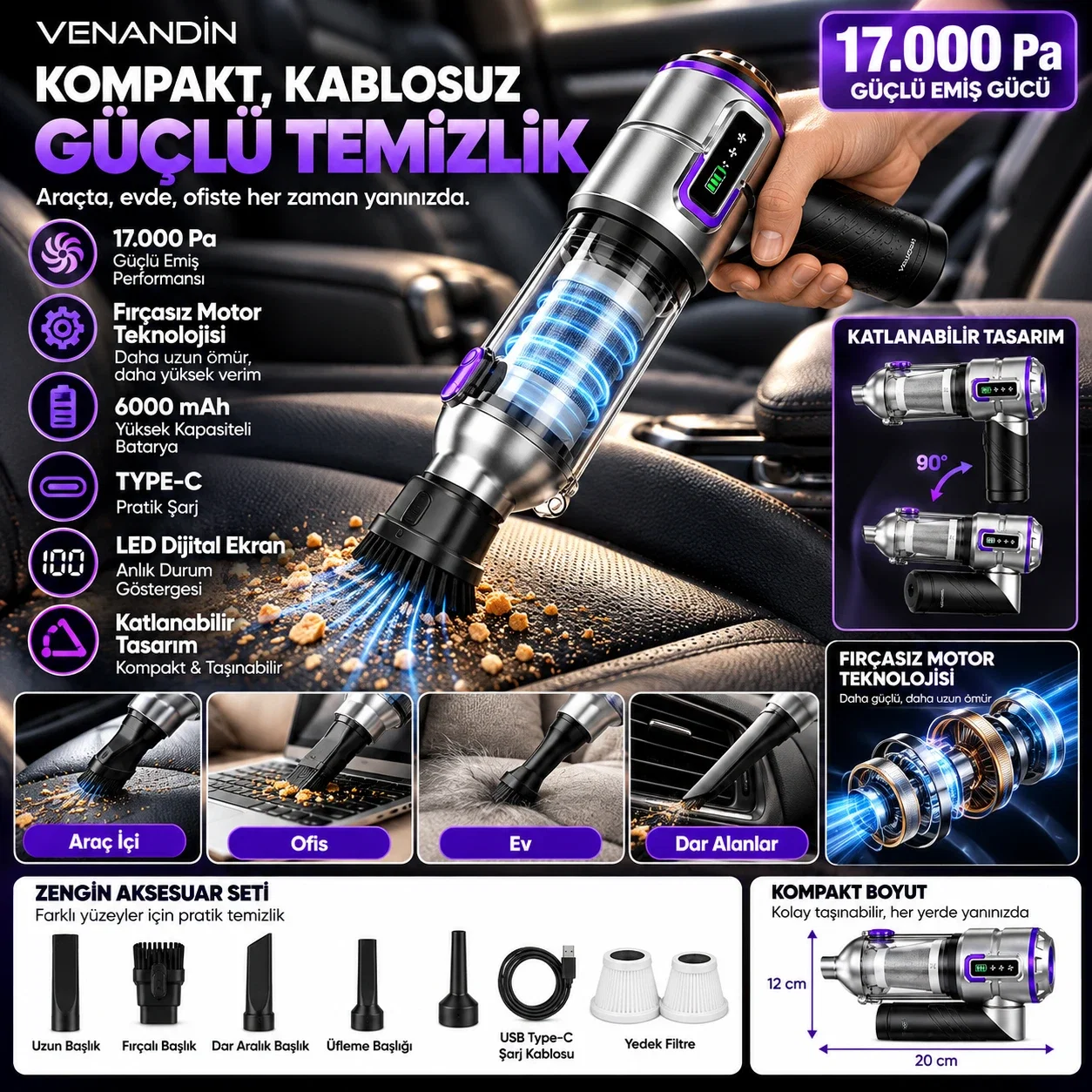Vakumia 17.000 Pa Kablosuz Şarjlı El Süpürgesi 6000 mAh Fırçasız Motor Katlanabilir Araç Süpürgesi - Görsel 1
