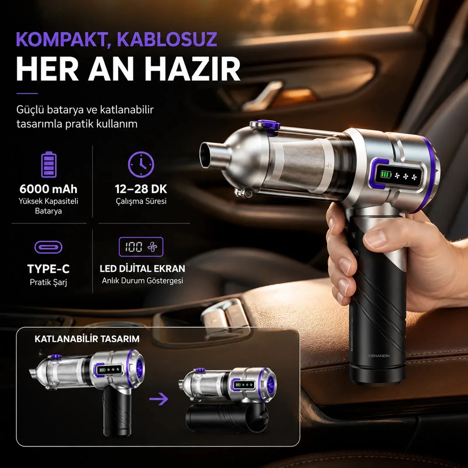 Vakumia 17.000 Pa Kablosuz Şarjlı El Süpürgesi 6000 mAh Fırçasız Motor Katlanabilir Araç Süpürgesi - Görsel 2