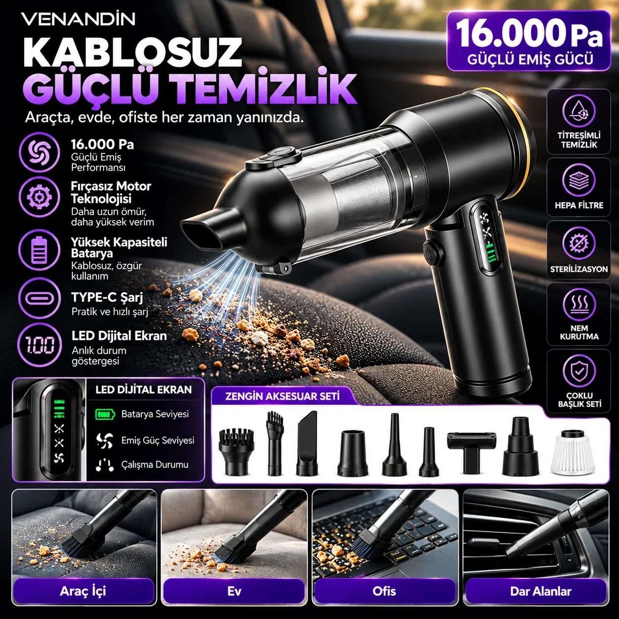 16.000 Pa Kablosuz Şarjlı El Süpürgesi Fırçasız Motor Çok Başlıklı Araç Ev Ofis Süpürgesi - Görsel 3