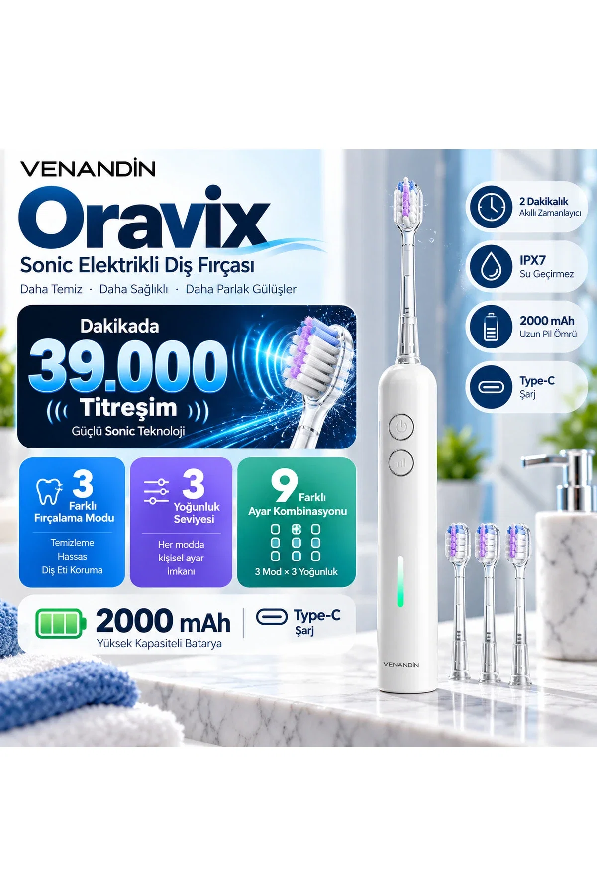 Oravix Sonic Elektrikli Diş Fırçası 39.000 Titreşim 3 Mod 3 Yoğunluk 2000 mAh Type-C IPX7 - Görsel 1