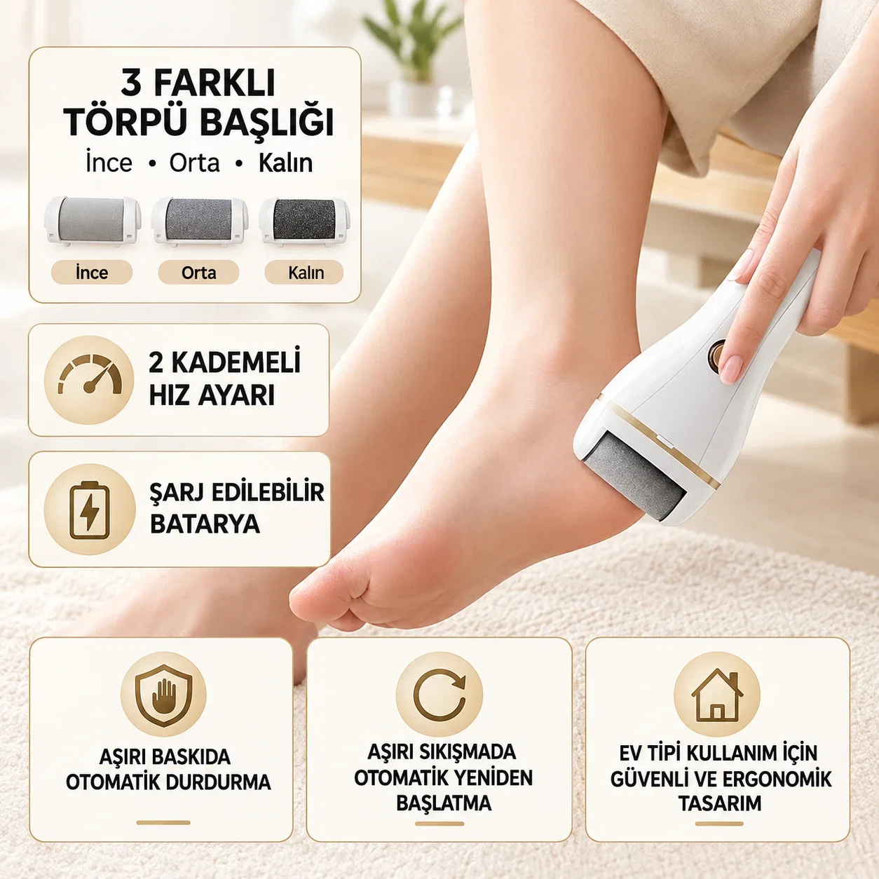 Venandin Pedilux Şarjlı Elektrikli Ayak Topuk Törpüsü 3 Başlıklı 2 Hızlı 10.000 RPM IPX6 - Görsel 1