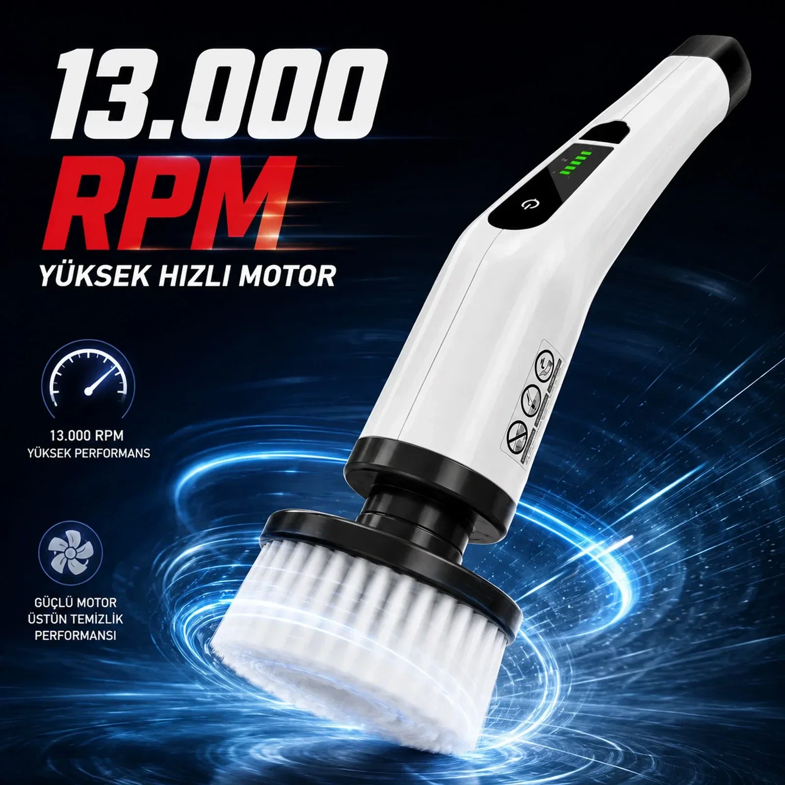 Turbo Clean 7 Başlıklı Şarjlı Elektrikli Temizlik Fırçası 13.000 RPM Güçlü Motorlu Uzatılabilir Saplı Kablosuz Banyo Fayans Mutfak Temizleme Makinesi - Görsel 5