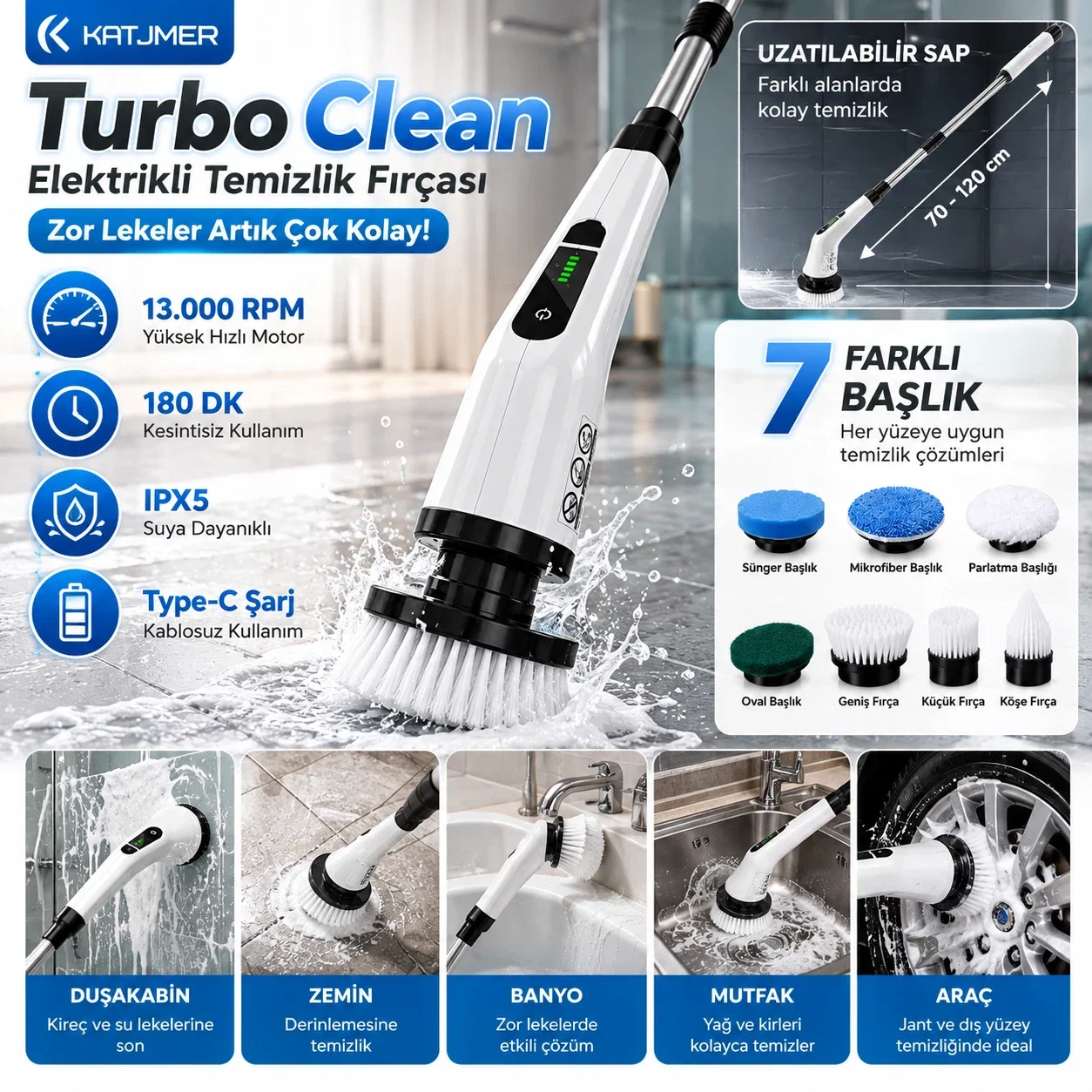 Turbo Clean 7 Başlıklı Şarjlı Elektrikli Temizlik Fırçası 13.000 RPM Güçlü Motorlu Uzatılabilir Saplı Kablosuz Banyo Fayans Mutfak Temizleme Makinesi - Görsel 4