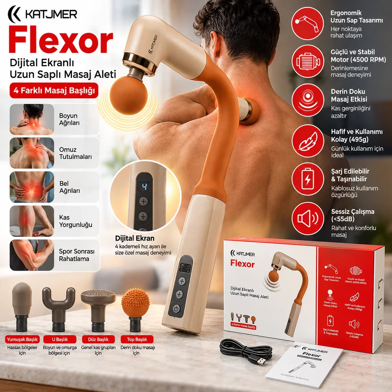 Flexor Uzun Saplı Masaj Tabancası Dijital Ekranlı 4500 RPM Güçlü Motor 4 Başlıklı Şarjlı Kablosuz Masaj Aleti - Görsel 1