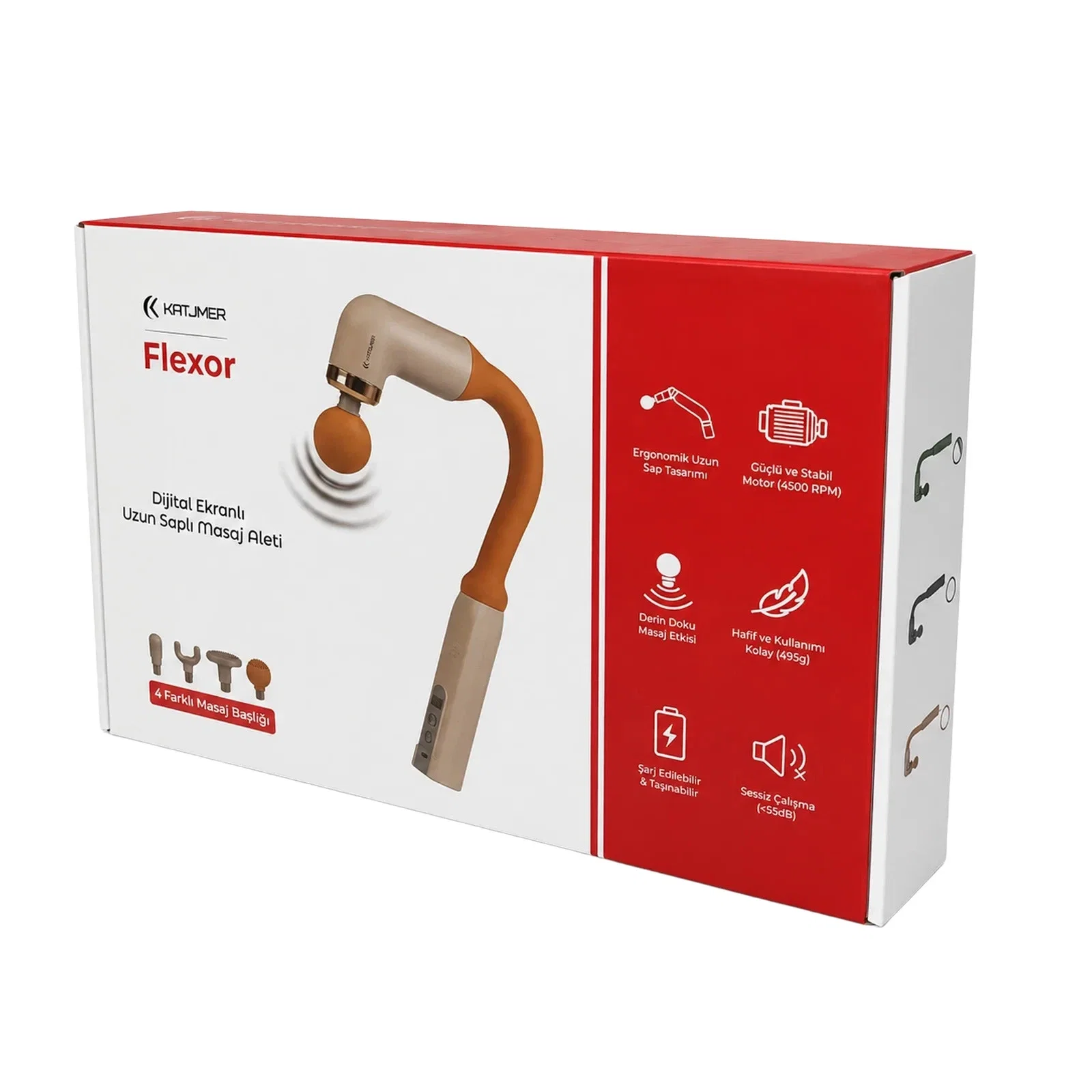 Flexor Uzun Saplı Masaj Tabancası Dijital Ekranlı 4500 RPM Güçlü Motor 4 Başlıklı Şarjlı Kablosuz Masaj Aleti - Görsel 6