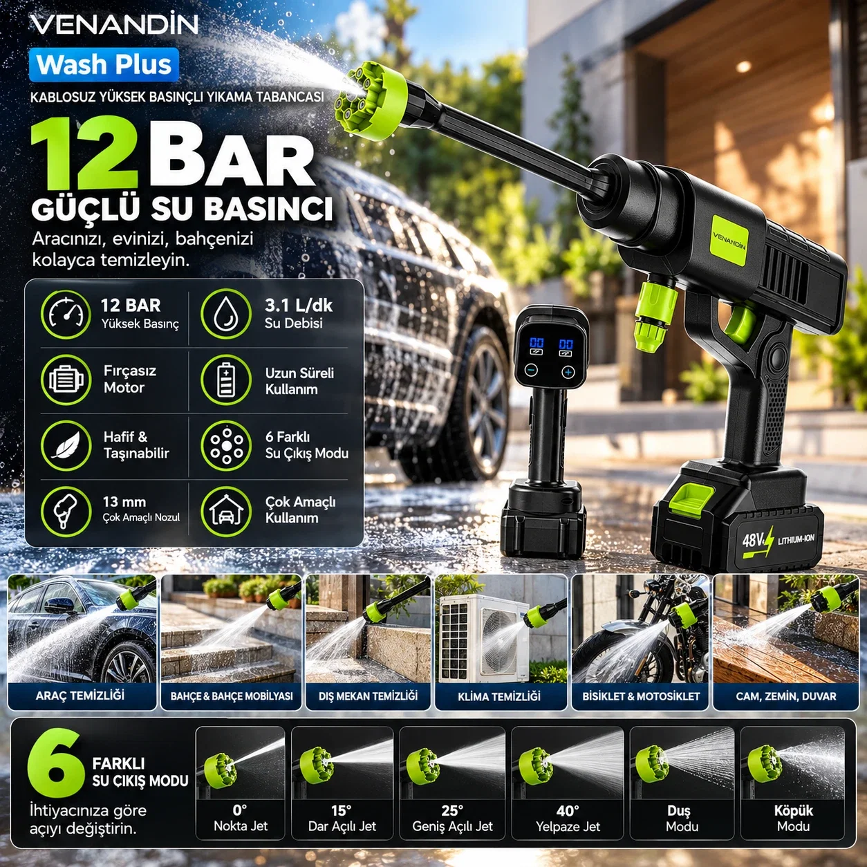 VENANDİN Wash Plus 12 Bar Kablosuz Yüksek Basınçlı Oto Yıkama Makinesi 48V Şarjlı Fırçasız Motor 6 Mod - Görsel 1