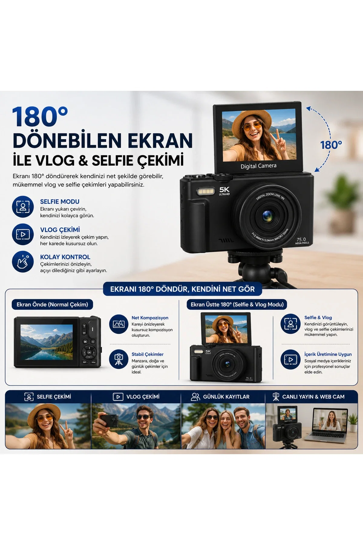 YMS ELEKTRONİK 5K UHD 75 MP Dijital Fotoğraf Makinesi Wi-Fi Bağlantılı 180° Döner Ekranlı Vlog Kamera 18X Zoom 64 GB Kart Hediyeli - Görsel 2