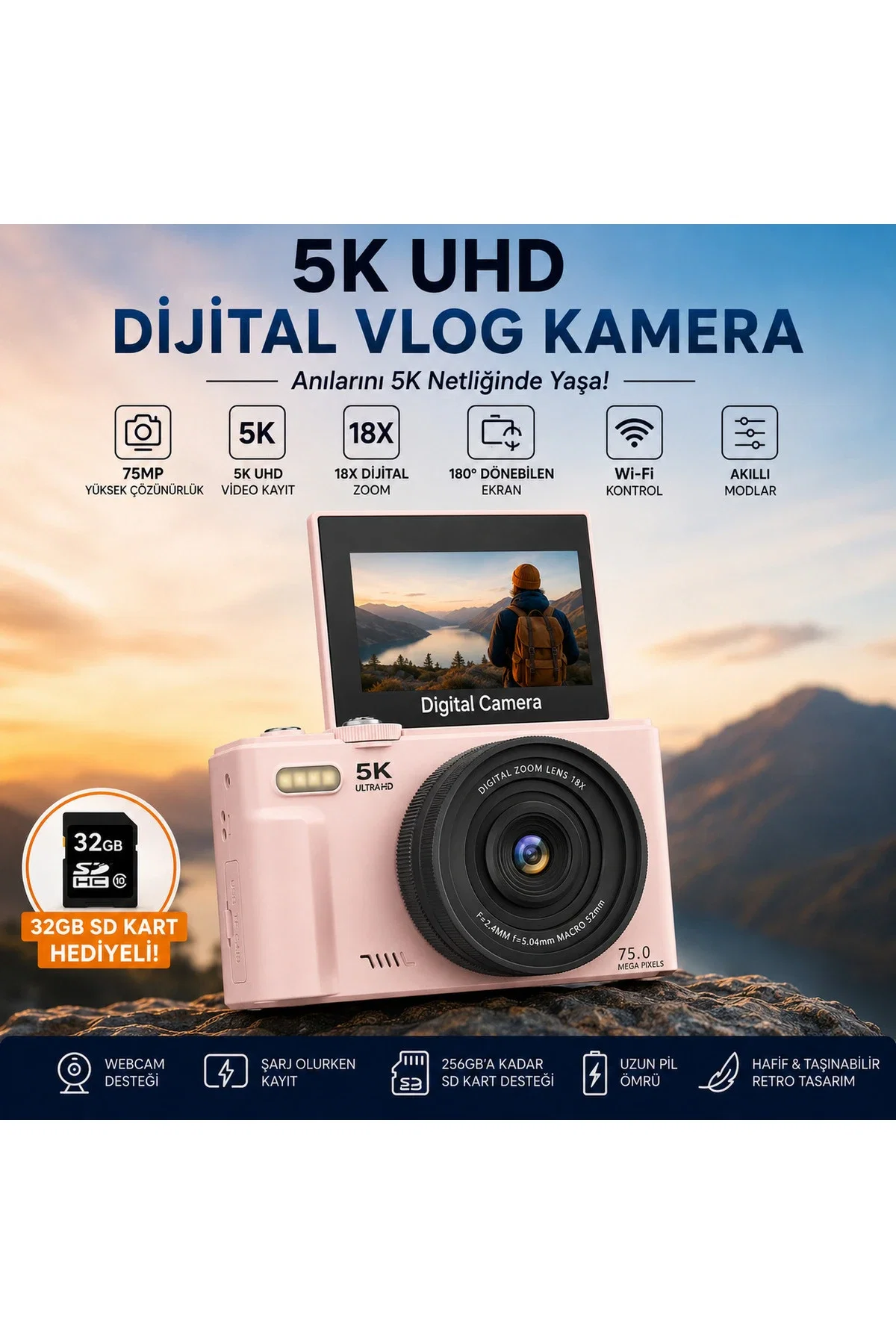 YMS ELEKTRONİK 5K UHD 75 MP Dijital Fotoğraf Makinesi Wi-Fi Bağlantılı 180° Döner Ekranlı Vlog Kamera 18X Zoom 64 GB Kart Hediyeli - Görsel 4