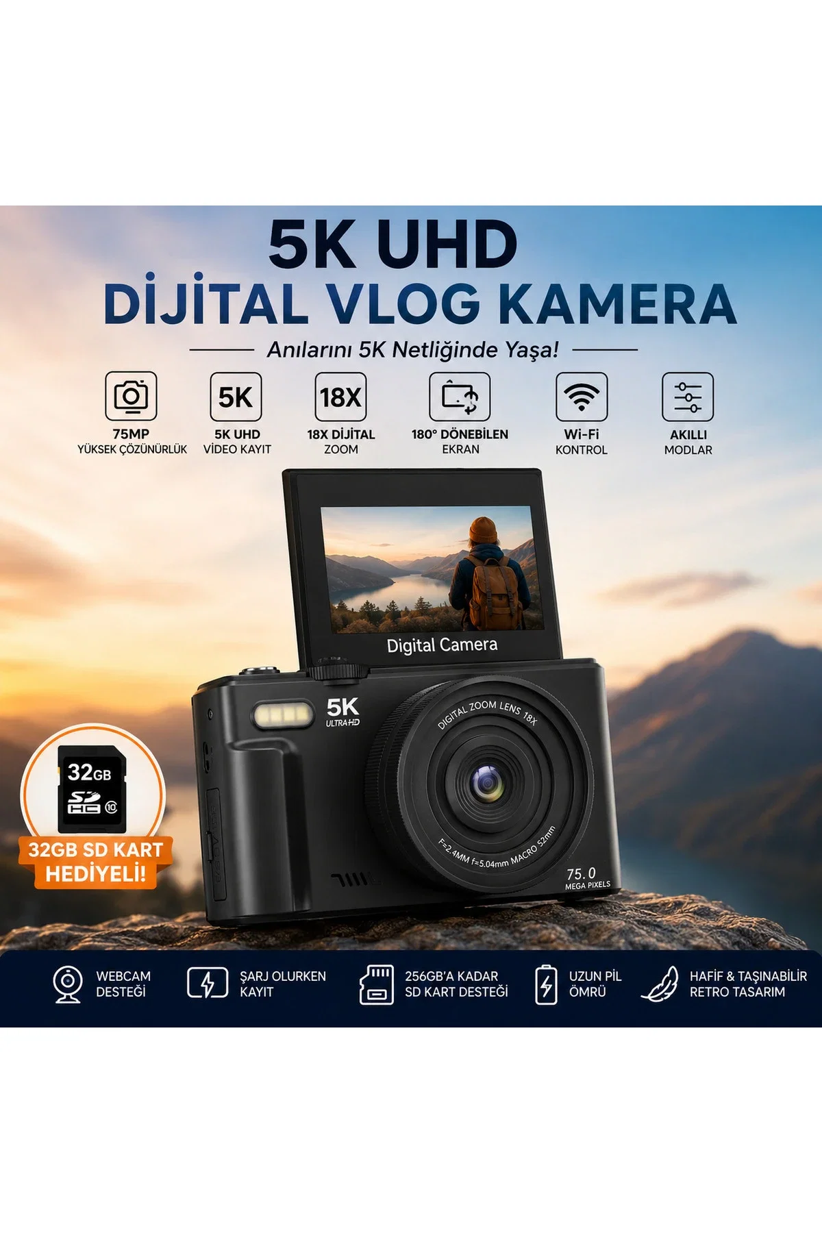YMS ELEKTRONİK 5K UHD 75 MP Dijital Fotoğraf Makinesi Wi-Fi Bağlantılı 180° Döner Ekranlı Vlog Kamera 18X Zoom 64 GB Kart Hediyeli - Görsel 6