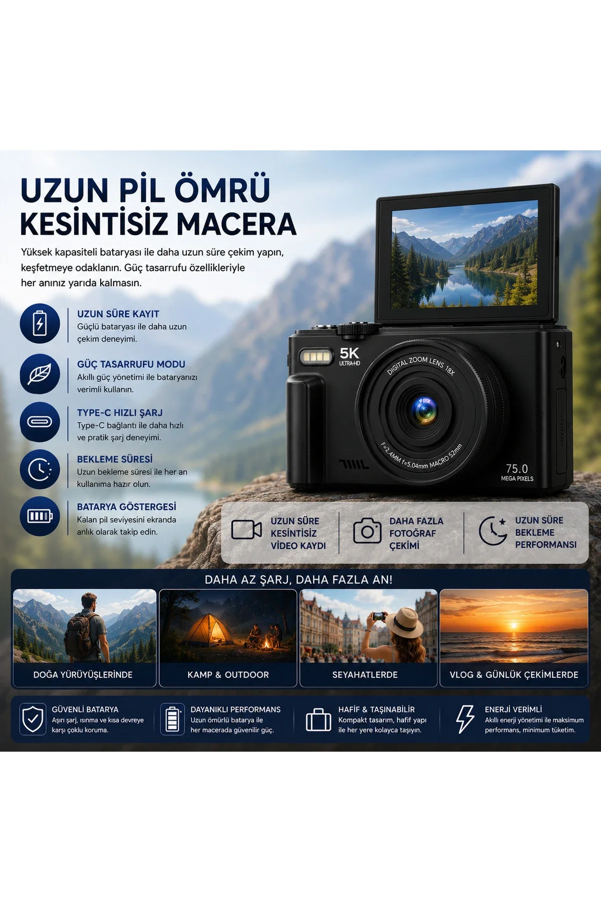 YMS ELEKTRONİK 5K UHD 75 MP Dijital Fotoğraf Makinesi Wi-Fi Bağlantılı 180° Döner Ekranlı Vlog Kamera 18X Zoom 64 GB Kart Hediyeli - Görsel 1