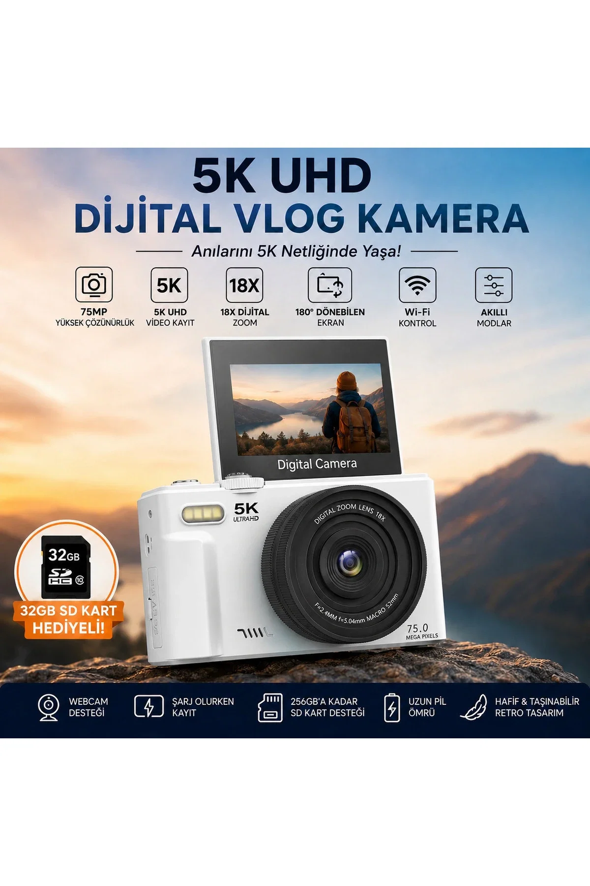 YMS ELEKTRONİK 5K UHD 75 MP Dijital Fotoğraf Makinesi Wi-Fi Bağlantılı 180° Döner Ekranlı Vlog Kamera 18X Zoom 64 GB Kart Hediyeli - Görsel 5