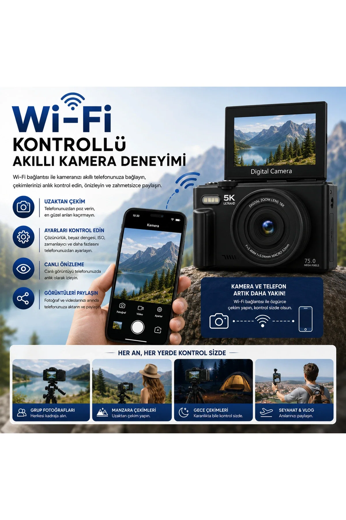 YMS ELEKTRONİK 5K UHD 75 MP Dijital Fotoğraf Makinesi Wi-Fi Bağlantılı 180° Döner Ekranlı Vlog Kamera 18X Zoom 64 GB Kart Hediyeli - Görsel 3