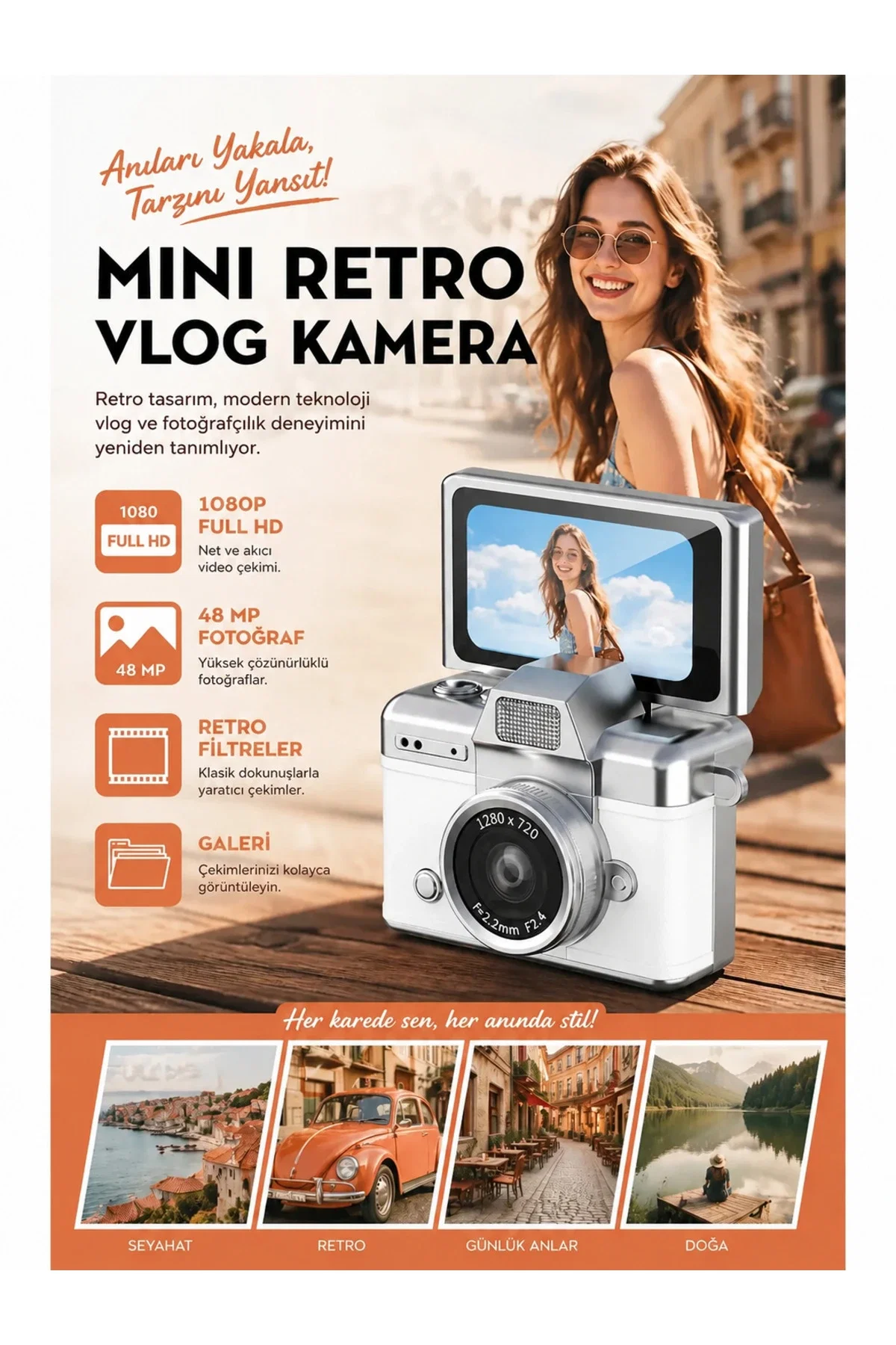 Mini Retro Dijital Vlog Kamera 48 MP Fotoğraf 1080P Full HD Video Döner Ekranlı Selfie Kamerası Type-C Kablo ve Zincir Askılık Hediyeli - Görsel 3