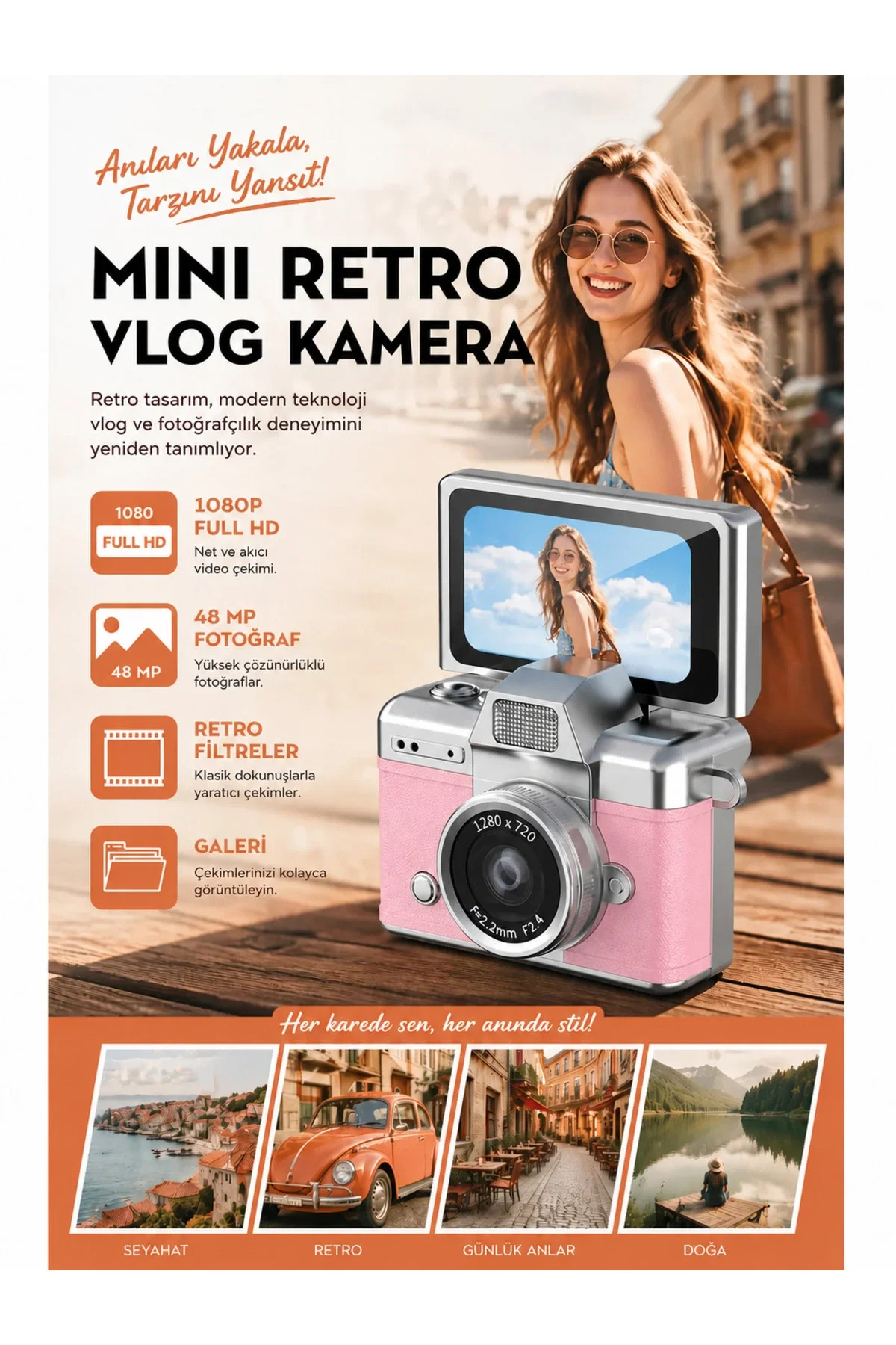 Mini Retro Dijital Vlog Kamera 48 MP Fotoğraf 1080P Full HD Video Döner Ekranlı Selfie Kamerası Type-C Kablo ve Zincir Askılık Hediyeli - Görsel 2