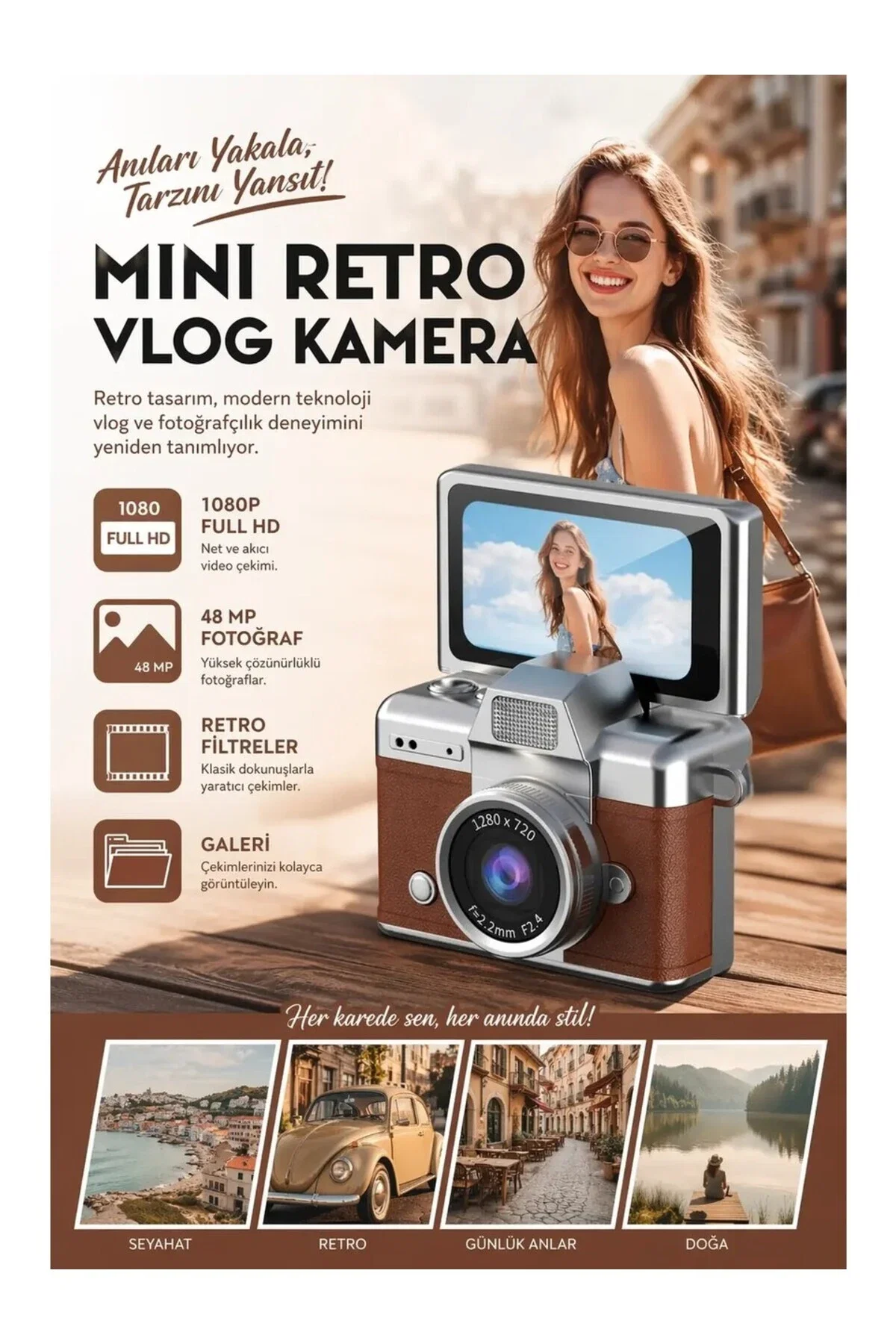 Mini Retro Dijital Vlog Kamera 48 MP Fotoğraf 1080P Full HD Video Döner Ekranlı Selfie Kamerası Type-C Kablo ve Zincir Askılık Hediyeli - Görsel 4
