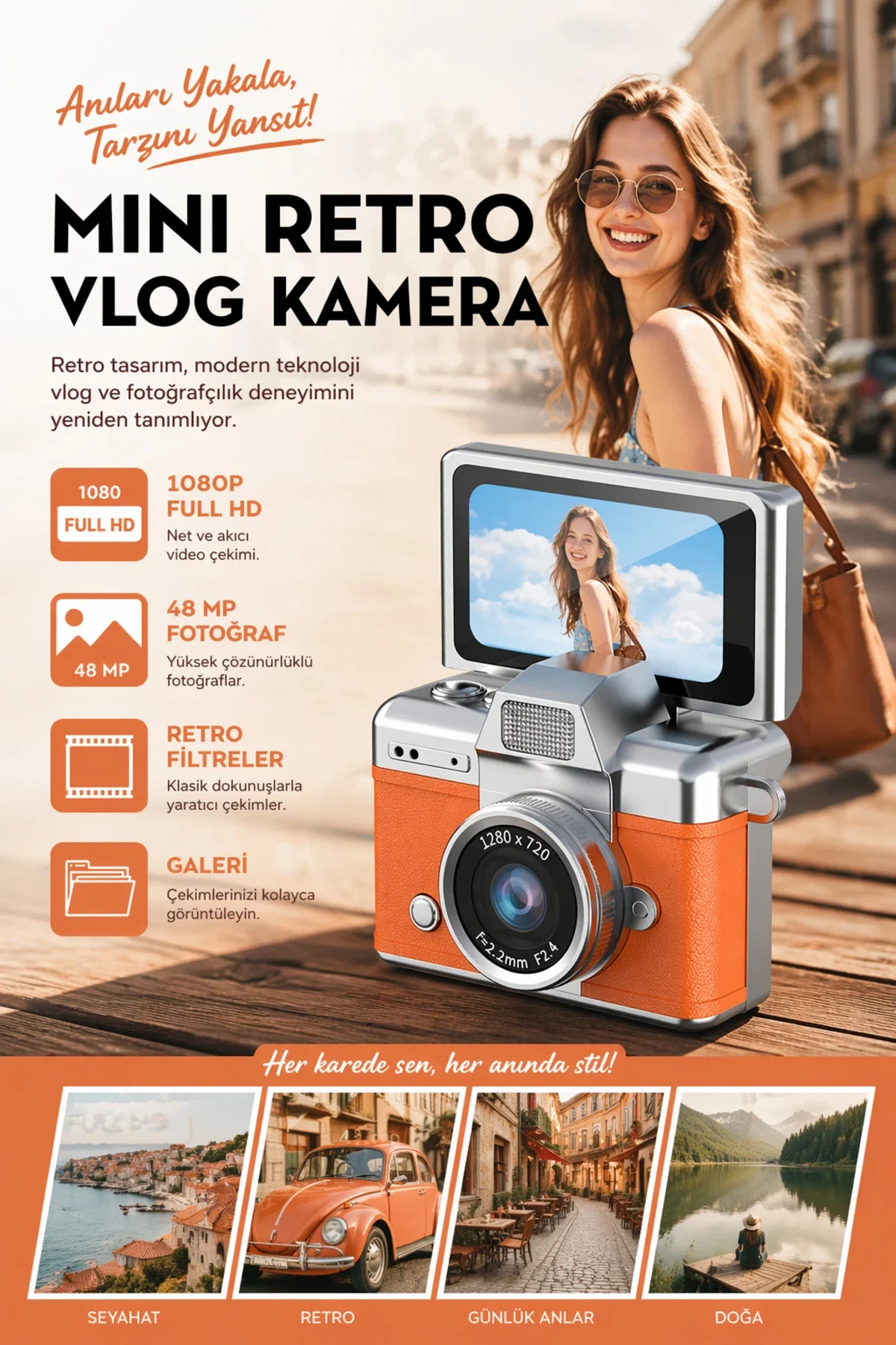 Mini Retro Dijital Vlog Kamera 48 MP Fotoğraf 1080P Full HD Video Döner Ekranlı Selfie Kamerası Type-C Kablo ve Zincir Askılık Hediyeli - Görsel 1