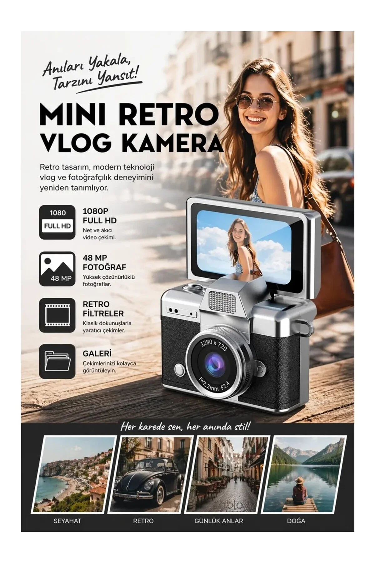 Mini Retro Dijital Vlog Kamera 48 MP Fotoğraf 1080P Full HD Video Döner Ekranlı Selfie Kamerası Type-C Kablo ve Zincir Askılık Hediyeli - Görsel 5