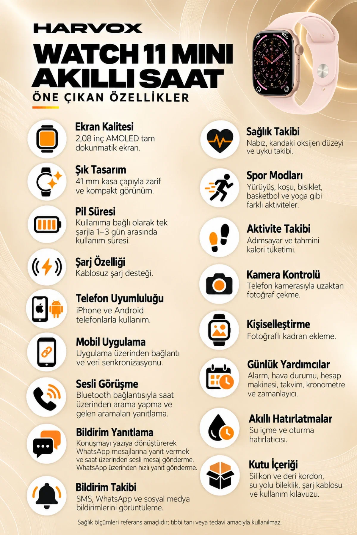Watch 11 Mini Akıllı Saat Hediye Dolu Kutu İçeriği 2 Kordon Bileklik ve Fular Hediyeli - Görsel 4