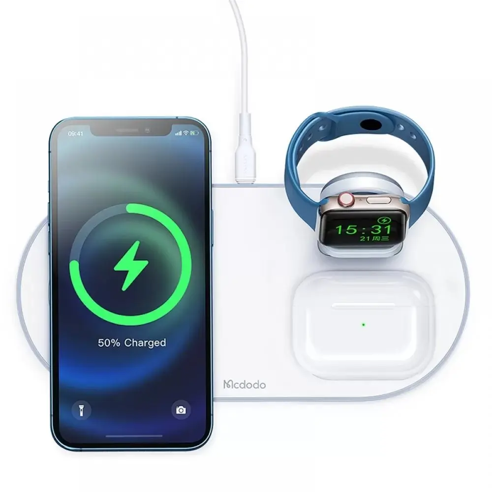 CH-7060 Çoklu MagSafe Tws Kulaklık, Watch Saat ve Telefon Şarj Ünitesi-Beyaz - Görsel 4