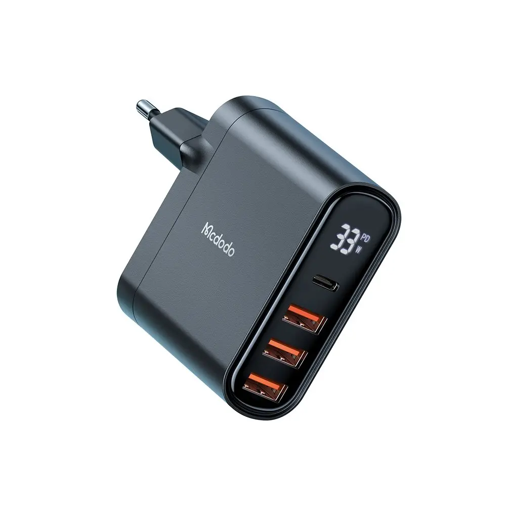 CH-2250 33W 1xTYPE-C 3xUSB Girişli Dijital Göstergeli Şarj Adaptörü - Siyah - Görsel 1