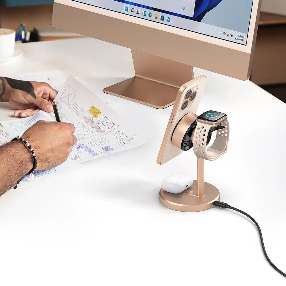 CH-2463 15W MagQ Qi2 3'ü 1 arada Kablosuz şarj standı - Çöl Titanyum