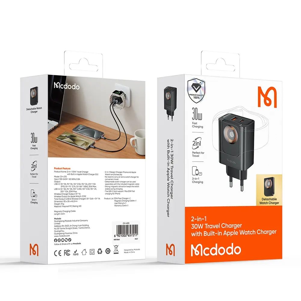 CH-3700 30W 2'si 1 Arada Kablosuz Apple Watch ve Seyahat Şarj Adaptörü