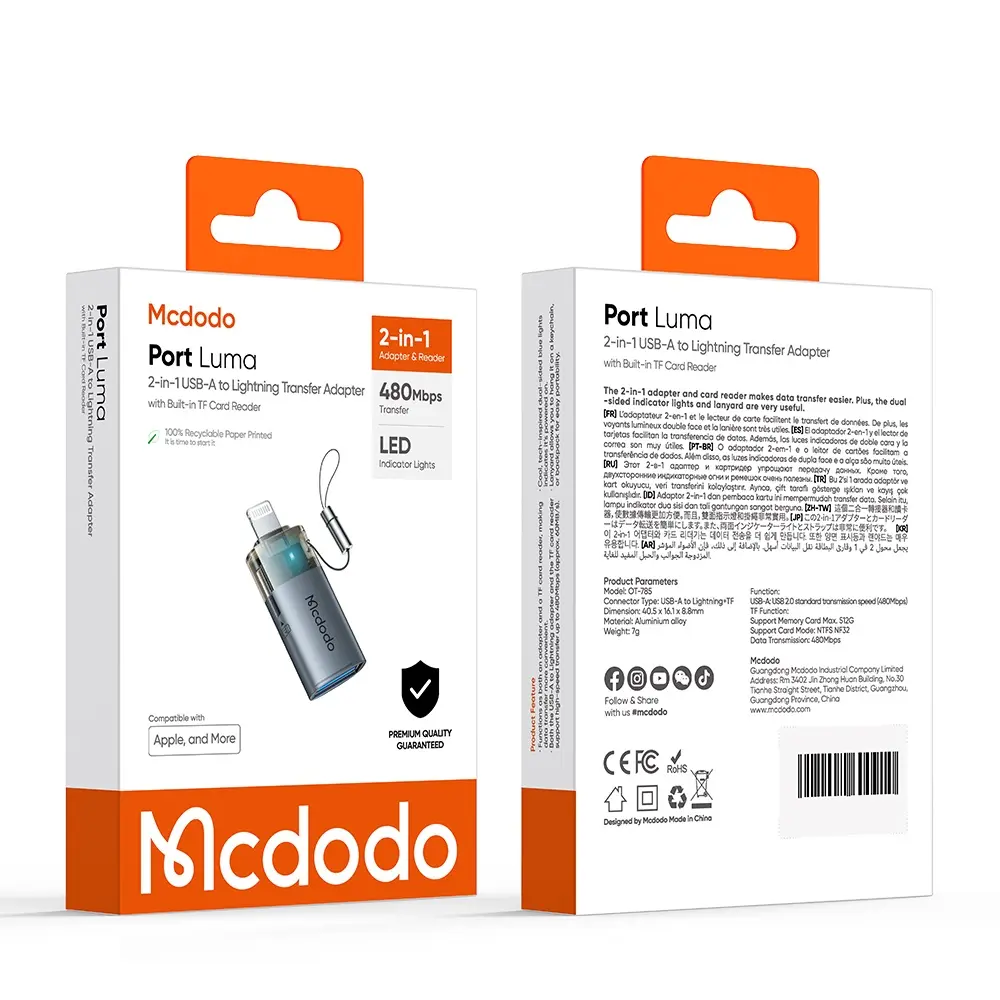 OT-7850 2'si 1 arada USB-A To Lightning+ SD kart aktarım Dönüştürücü