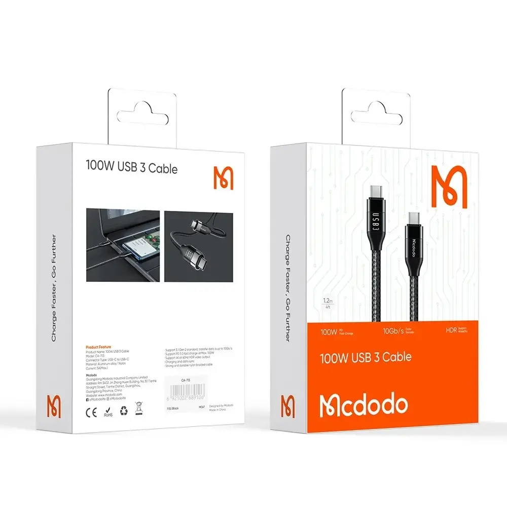 MCDODO CA-7132 TYPE-C TO TYPE-C USB 3 100W DATA AKTARIM VE ŞARJ KABLOSU 1.2 M - SİYAH - Görsel 6