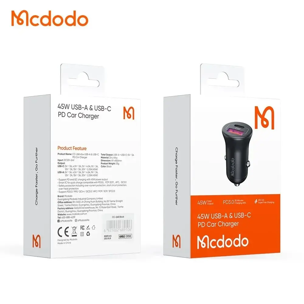 MCDODO CC-2680 45W PD 1XUSB 1XTYPE-C ARAÇ ŞARJ CİHAZI - SİYAH - Görsel 6