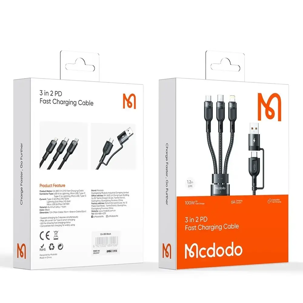 MCDODO CA-8800 2 İN 3 100W USB-A/C - LİGHTNİNG+MİCRO+TYPE-C SÜPER HIZLI ŞARJ VE VERİ KABLOSU 1.2 M - Görsel 6