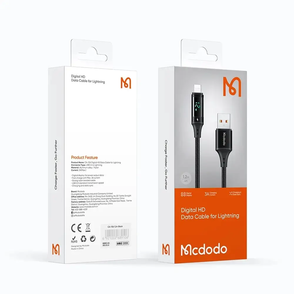 MCDODO CA-1060 DİJİTAL EKRANLI USB-A TO LİGHTNİNG HIZLI DATA-ŞARJ KABLOSU 3A 1.2M - Görsel 6