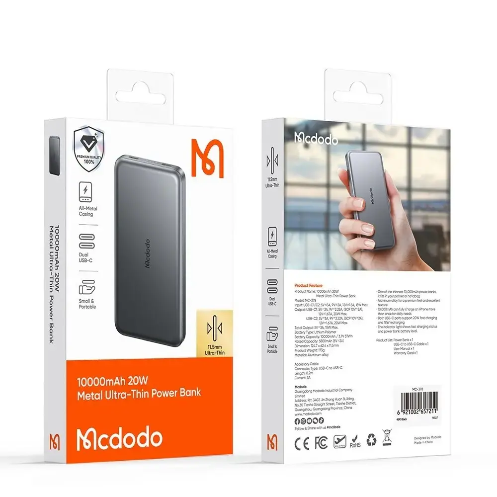 MCDODO MC-3781 20W 10.000MAH METAL ULTRA İNCE POWERBANK- SİYAH - Görsel 7