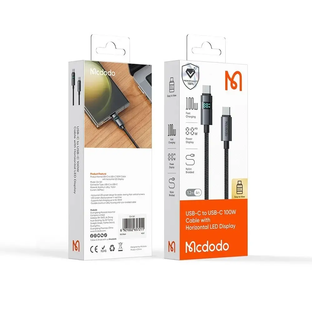 MCDODO CA-5610 100W TYPE-C TO TYPE-C KABLO YATAY LED EKRANLI SİYAH - Görsel 9