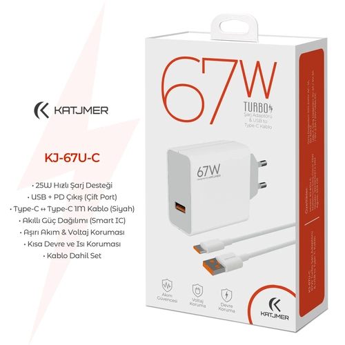 KATJMER KJ-67U-C USB'Lİ 67W ŞARJ ADAPTÖRÜ VE TYPE-C KABLO - Görsel 2