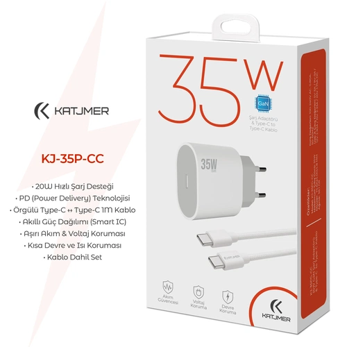 KATJMER KJ-35PG-CC GAN 35W PD ŞARJ ADAPTÖRÜ VE TYPE-C TO TYPE-C KABLO - Görsel 1
